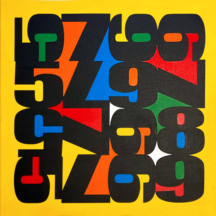 Pop Icons Tryptic – abstract numerical painting on yellow background by Paolo Grassi with black digits and vibrant colors