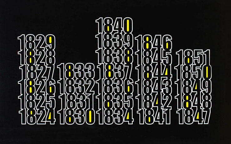 Paolo Grassi painting The City – black canvas with white-outlined numbers and yellow digits in urban grid