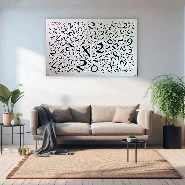 Large-format numerical painting by Paolo Grassi displayed in a modern living room interior