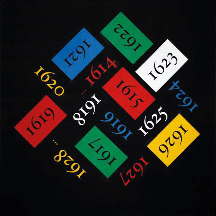 Front view of Paolo Grassi’s conceptual painting 60, colourful numeric grid on black, from the series ‘From 0 to Infinity’