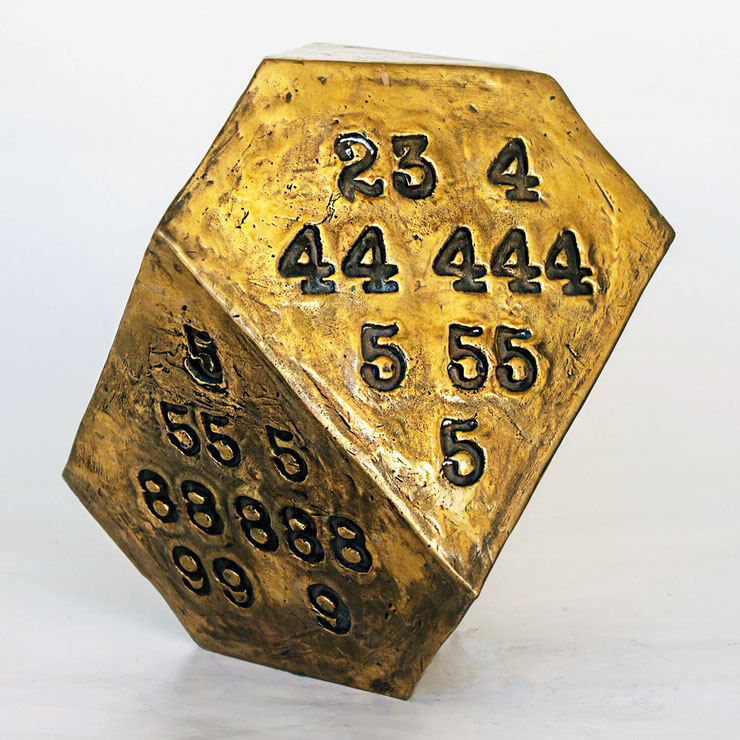 Bronze sculpture by Paolo Grassi featuring symbolic numbers on a polyhedron inspired by Dürer’s Melencolia I