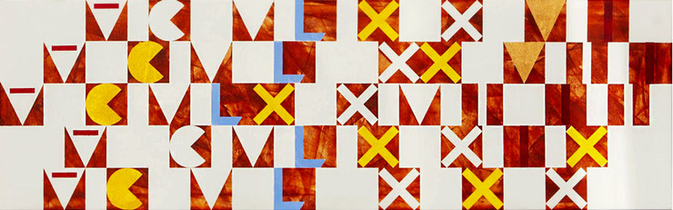 Abstract painting with Roman numerals, Pompeian red, gold, and light blue – full view of Romanus III by Paolo Grassi