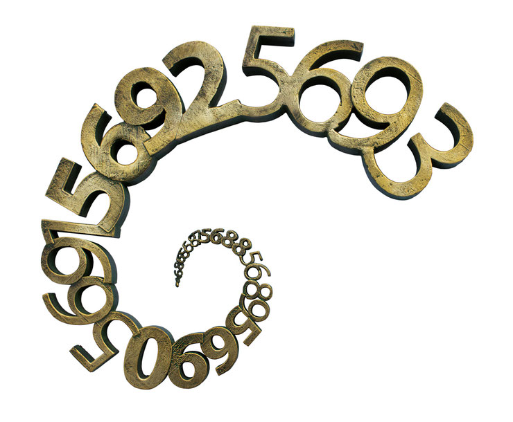 Paolo Grassi bronze sculpture Nautilus, spiral of cast bronze numbers on white background – contemporary conceptual artwork