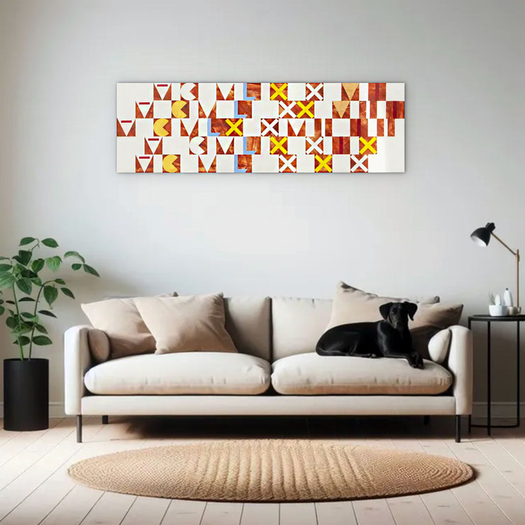Interior view with Romanus III painting above a sofa – abstract composition with Roman numerals in Pompeian red, yellow, and blue