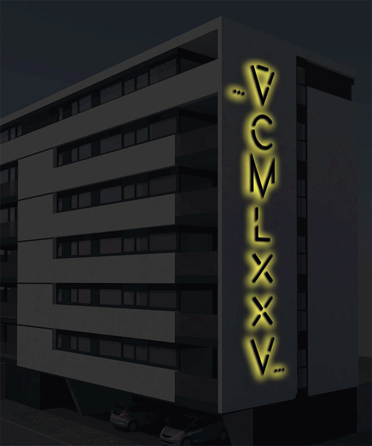 Night simulation of the luminous artwork V̄CMLXXV, planned urban installation in Locarno.