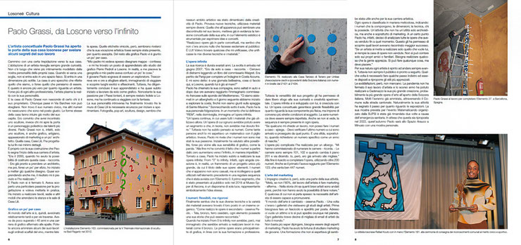 Double-page article on Paolo Grassi’s conceptual work, featuring his numerical installations in Losone and other locations, including Element 101 on a house facade and a performance with Element 25 in Barcelona.