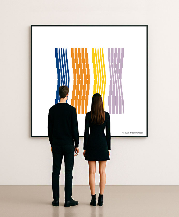 Young couple in a contemporary art museum viewing Paolo Grassi’s large square artwork “286. Morse Sequence Waves” from the series “Numbers without numbers – From ‘0’ to Infinity,” featuring colorful geometric Morse code waves in blue, orange, yellow, and 