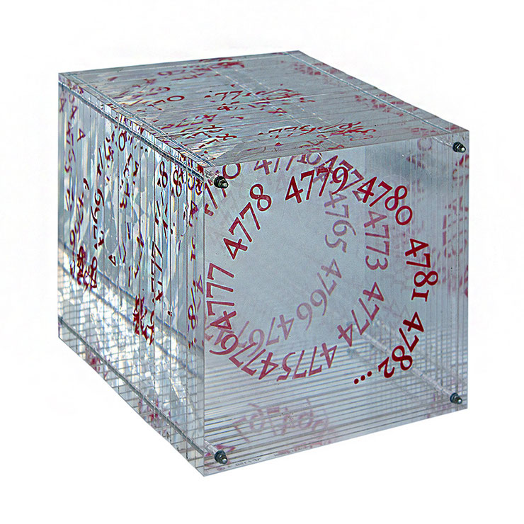 paolo grassi little cube plexiglass sculpture with engraved red numbers – transparent conceptual structure