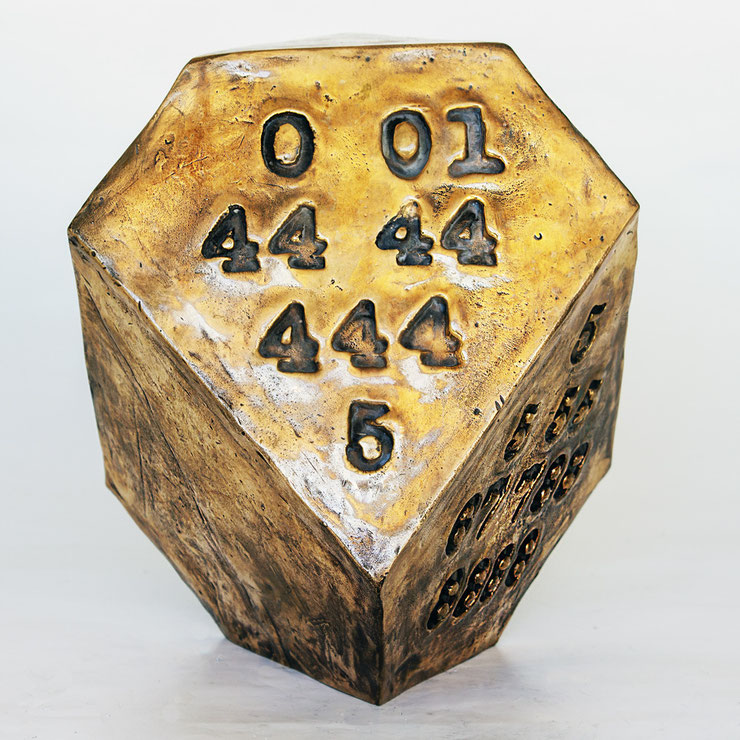Paolo Grassi bronze sculpture tribute to Dürer’s Melencolia I with engraved numbers on geometric polyhedron
