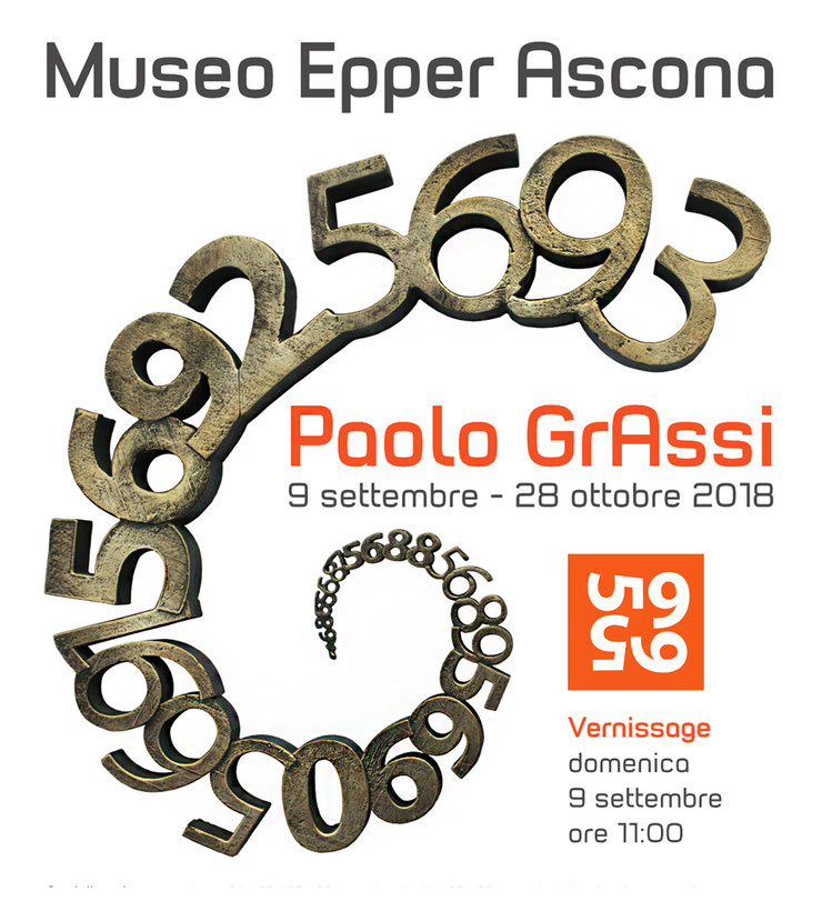 Poster of Paolo Grassi’s 2018 exhibition at Museo Epper Ascona featuring his bronze sculpture 'Nautilus' in a spiral composition with numeric forms