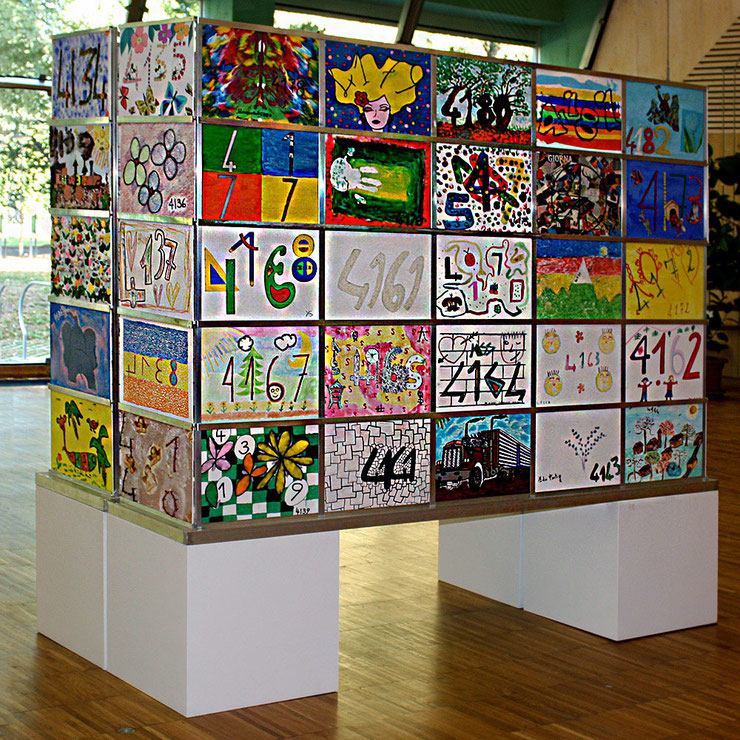 Participatory site-specific installation by Paolo Grassi at OSC Mendrisio, with numbered panels created by students