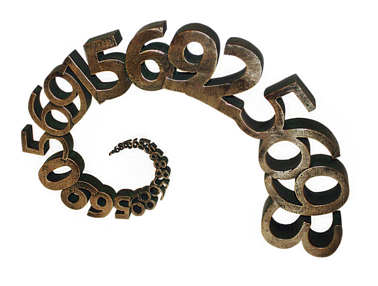 Paolo Grassi bronze sculpture Nautilus, side view of spiral with cast overlapping numbers – conceptual numeric artwork