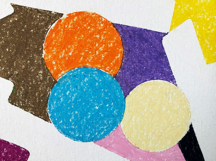 Detail of People at Peace – oil pastel textures and overlapping circles – Paolo Grassi artwork 2023