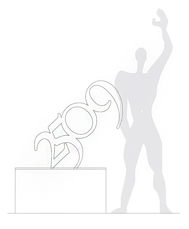 Concept drawing of Paolo Grassi sculpture 2508 with Le Corbusier’s Modulor figure, plexiglass installation plan from 'From “0” to Infinity' project
