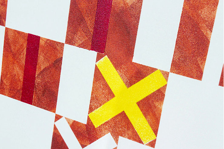 Close-up of Romanus III with yellow X and Pompeian red background – abstract geometry and texture layering