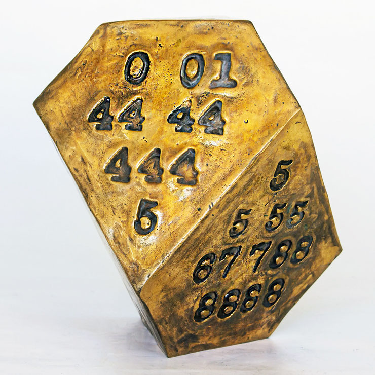 Close-up of Paolo Grassi’s Melencolia bronze sculpture showing numerical sequences on angular polyhedral surfaces