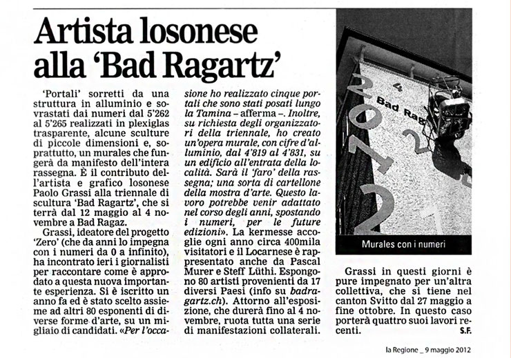 Newspaper article from laRegione (May 2012) about Paolo Grassi’s numeric public installation in Bad Ragaz.