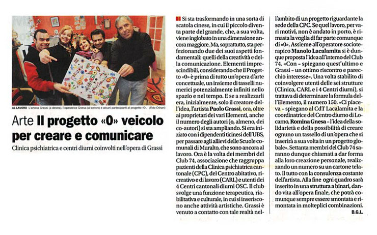 Newspaper article featuring Paolo Grassi’s participatory installation created with psychiatric clinics and day centers in Mendrisio