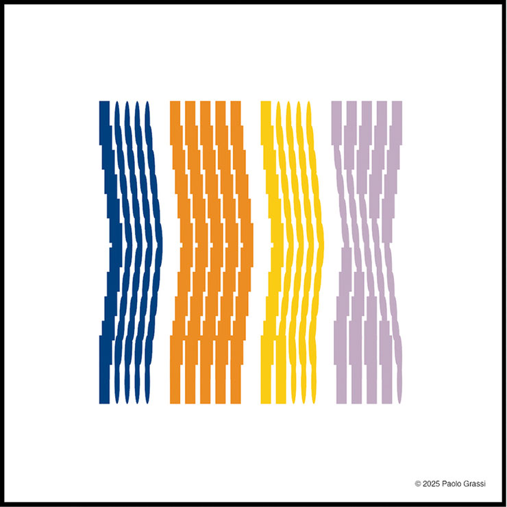 “Paolo Grassi – Morse Sequence Waves, part of the Numbers without numbers series. Abstract composition with wavy bands in blue, orange, yellow, and lilac, black frame on white background, 2025.”