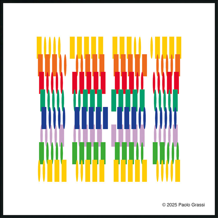 Paolo Grassi – Palindromic Morse Sequence I (2025), from the Numbers without numbers series. Palindromic Morse grid with columns in red, orange, yellow, green, blue, and lilac on white.