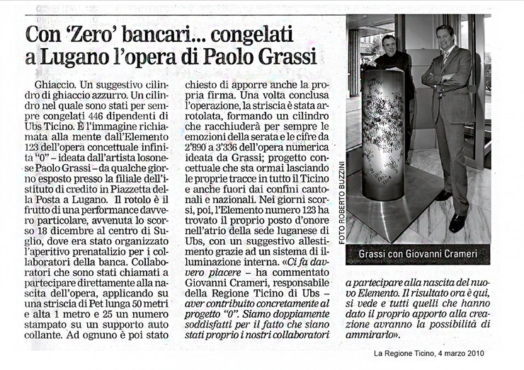 Newspaper article on Paolo Grassi’s UBS Lugano performance – Element 123 of the conceptual project From '0' to Infinity, published in 2010