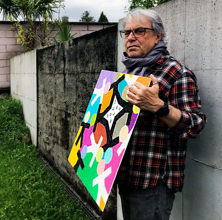 Paolo Grassi holding People at Peace II – conceptual oil pastel painting with numeric geometry – 2023