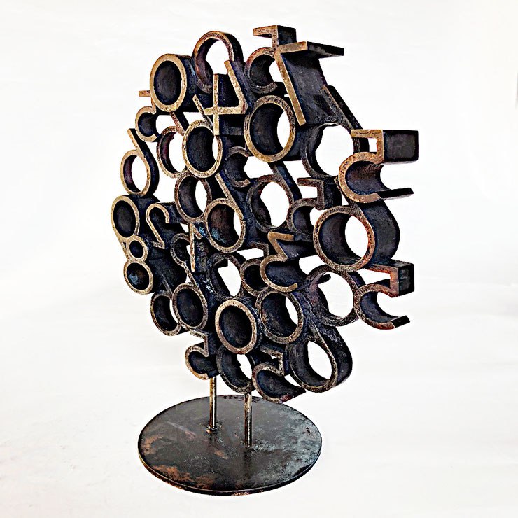 Paolo Grassi, Birba bronze sculpture from the project From ‘0’ to Infinity, side view showing the layered numerical structure, depth and dark patina on a circular base.