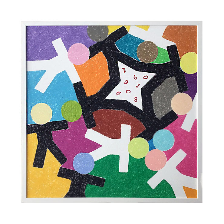 Paolo Grassi – People at Peace II – oil pastel on canvas – colorful human figures and numbers – 2023