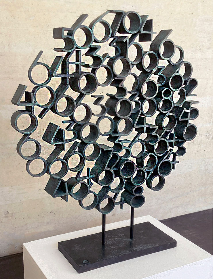 Detail of bronze sculpture Tobia by Paolo Grassi – abstract numerical structure with green patina
