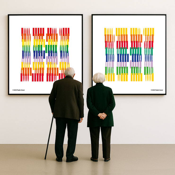Museum view — Paolo Grassi, Numbers without Numbers: Palindromic Morse Sequence I–II (2025). Two framed 200×200 cm square works with palindromic Morse color bands (red, orange, yellow, green, blue, violet) viewed by an elderly couple in a minimal white ga