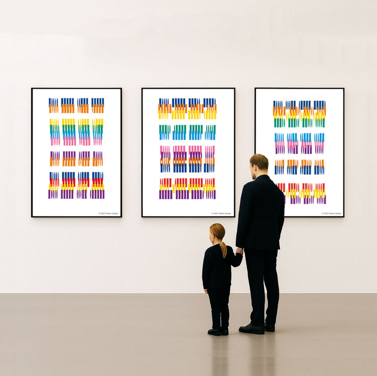Paolo Grassi, From “0” to Infinity — Vibrational Series museum view with a father and daughter observing three framed works (6020–6031, 6089–6100, 6319–6330) on a white wall.