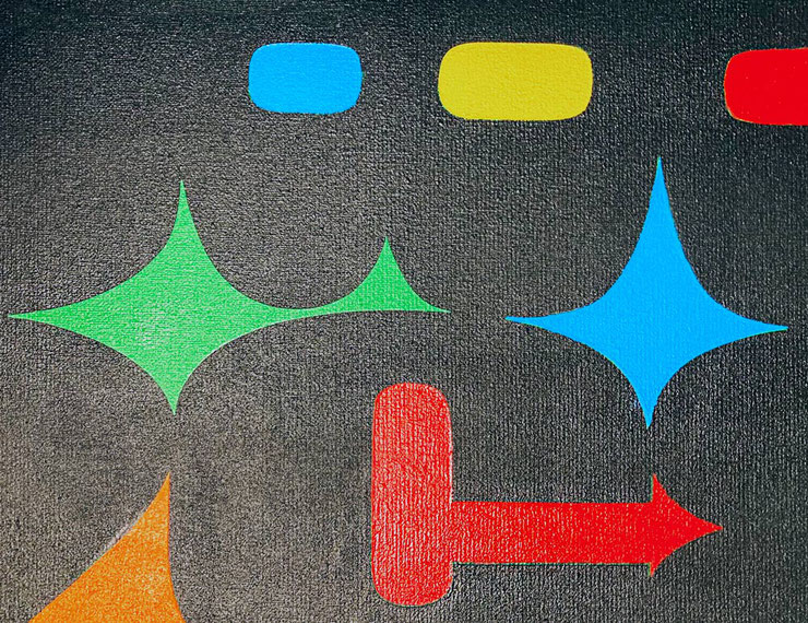 Detail view of Paolo Grassi’s Pop Icons – colorful star shapes and arrows on black textured canvas
