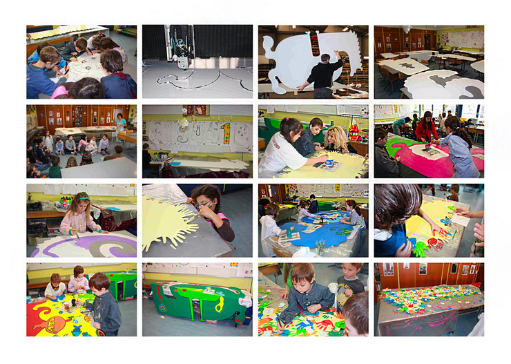 Children creating colorful number artworks for the Muralto school installation by Paolo Grassi