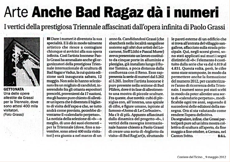 Corriere del Ticino article about Paolo Grassi’s numeric installation as the visual icon of Bad Ragartz 2012.