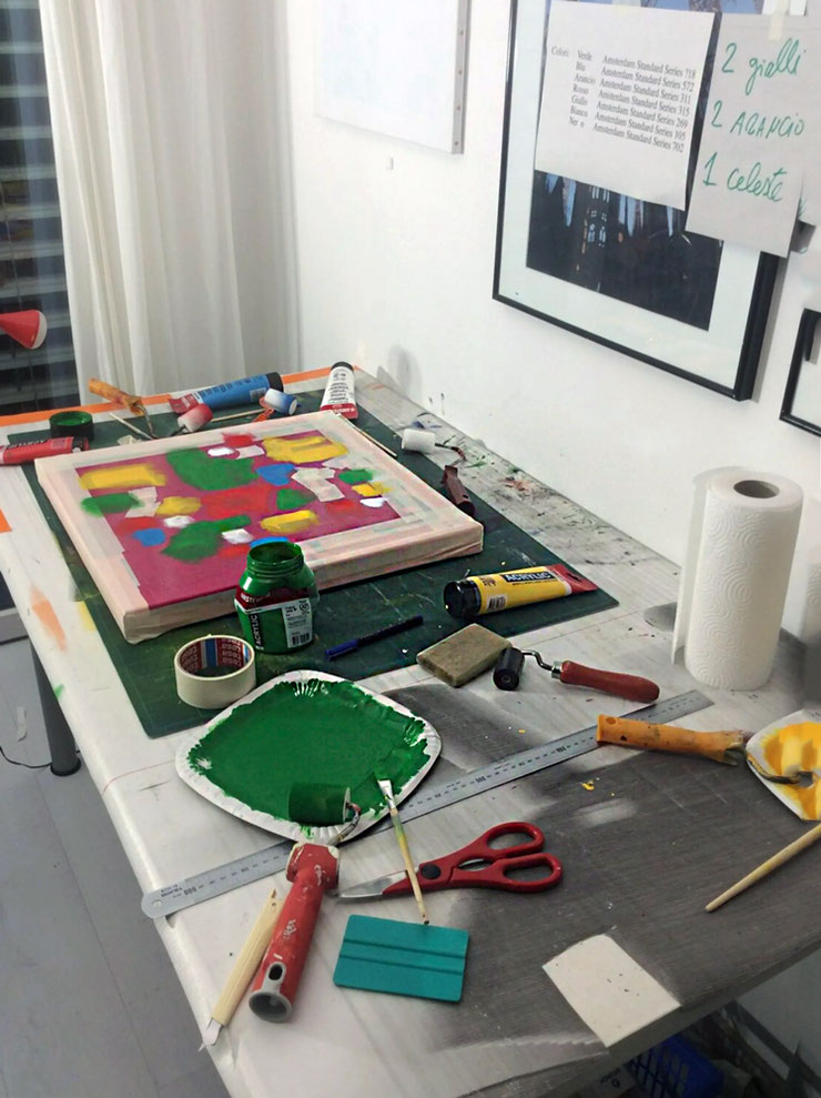 Work in progress on Pop Icons by Paolo Grassi – tools, brushes, and color tests in the artist’s studio