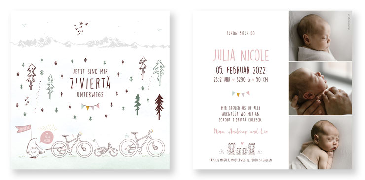 Geburtsanzeige mit Velo Fahrrad Schweiz Fahrradanhänger zu viert zu dritt