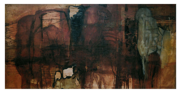 Untitled - Bilbao 2004 - Blood, milk and charcoal on canvas, 150x300 cm