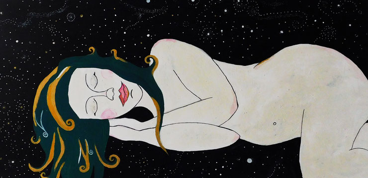 Schlafende Frau im Universum. Sternenhimmel. Kunst. Gemälde.