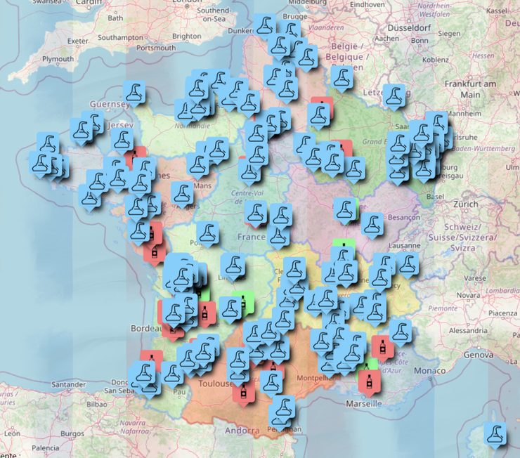 Carte de tous les producteurs et embouteilleurs de whisky en France