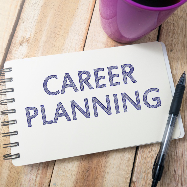 Block mit "Career Planning", Stift und Tasse