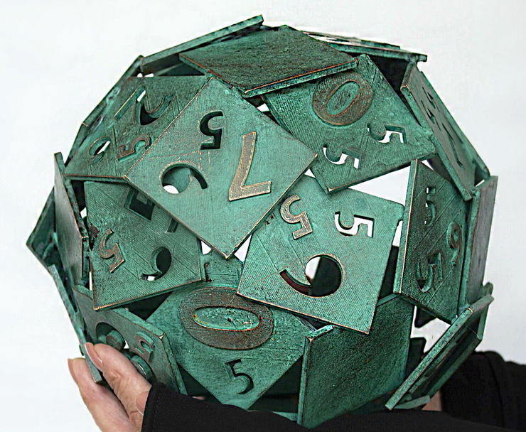 Paolo Grassi – Samantha bronze sculpture held in hands, conceptual sphere with geometric plates and visible numbers, project From “0” to Infinity