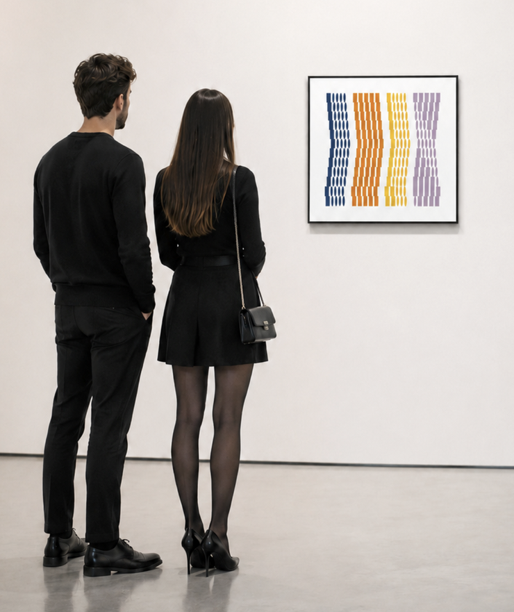 “Paolo Grassi – Morse Sequence Waves, part of the Numbers without numbers series. Abstract composition with wavy bands in blue, orange, yellow, and lilac, black frame on white background, 2025.”