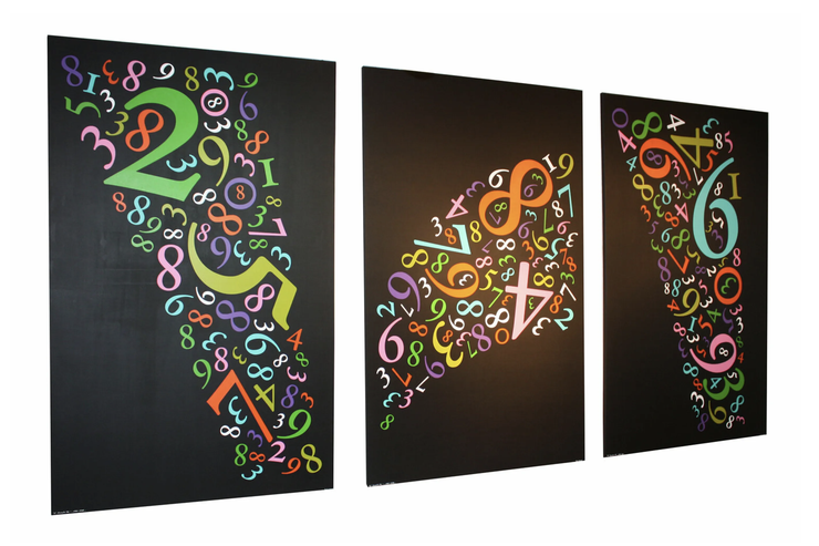 Paolo Grassi’s artwork “Pastel Sequence” presented as a complete triptych on black background with multicolored hand-drawn numbers.