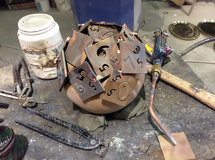 Paolo Grassi – Samantha sculpture in foundry, bronze number plates being assembled and patinated, 2018