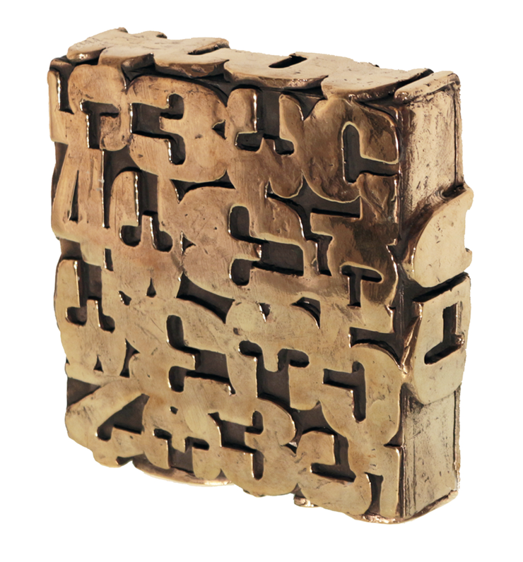 Conceptual bronze sculpture Box by Paolo Grassi, angled perspective with numeric sequence
