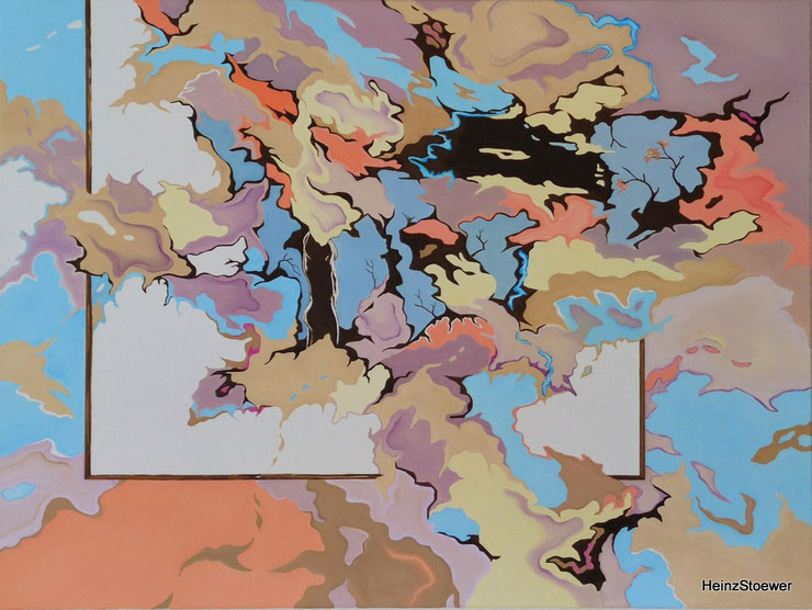 Abstrakte Formen in Pastellfarben und figürliche Elemente überdecken eine teilweise sichtbare weisse Leinwand mit Rahmen