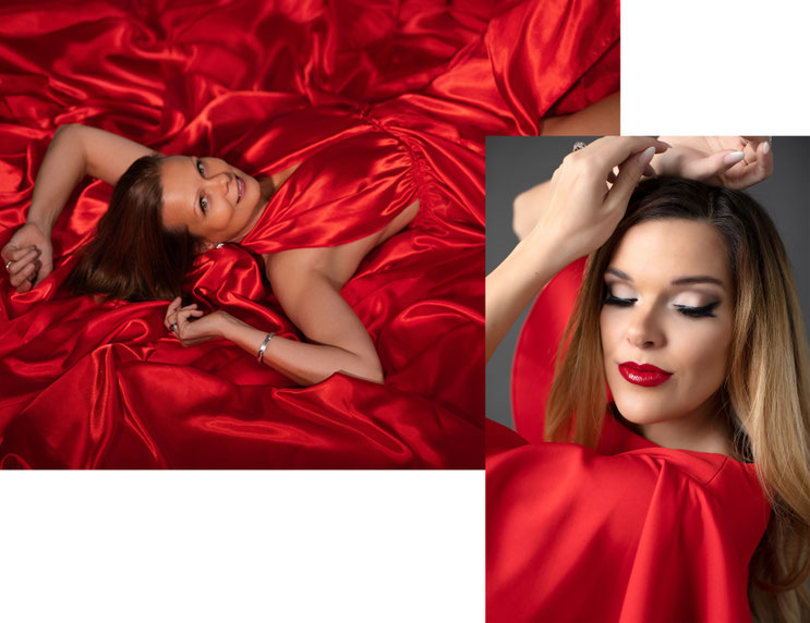 collage von zwei Bildern von Frauen in roten Outfits