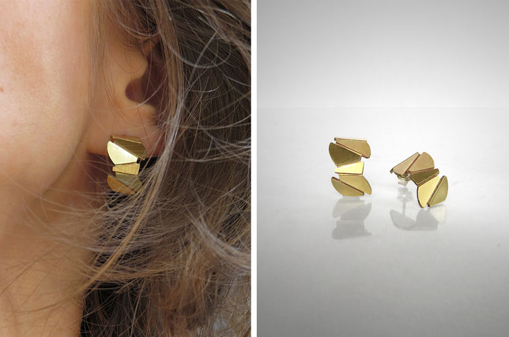 FACE-A-FACE earrings,  brass gilded with  fine gold, Nelly CHEMIN faceted, organic, irregular, prism, triangle, geometric, scales