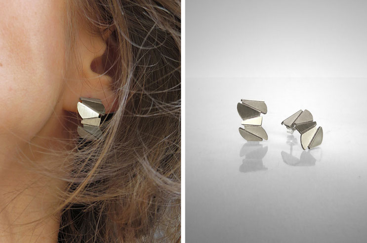 FACE-A-FACE earrings,  silver recycled, Nelly CHEMIN faceted, organic, irregular, prism, triangle, geometric, scales