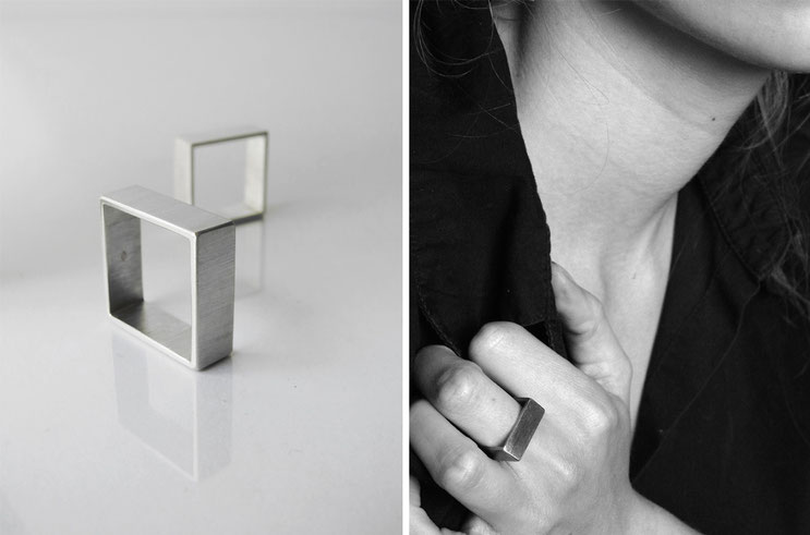   Bague Carrée, homme et femme, mixte, cube, minimaliste, géométrique - argent - Nelly Chemin     